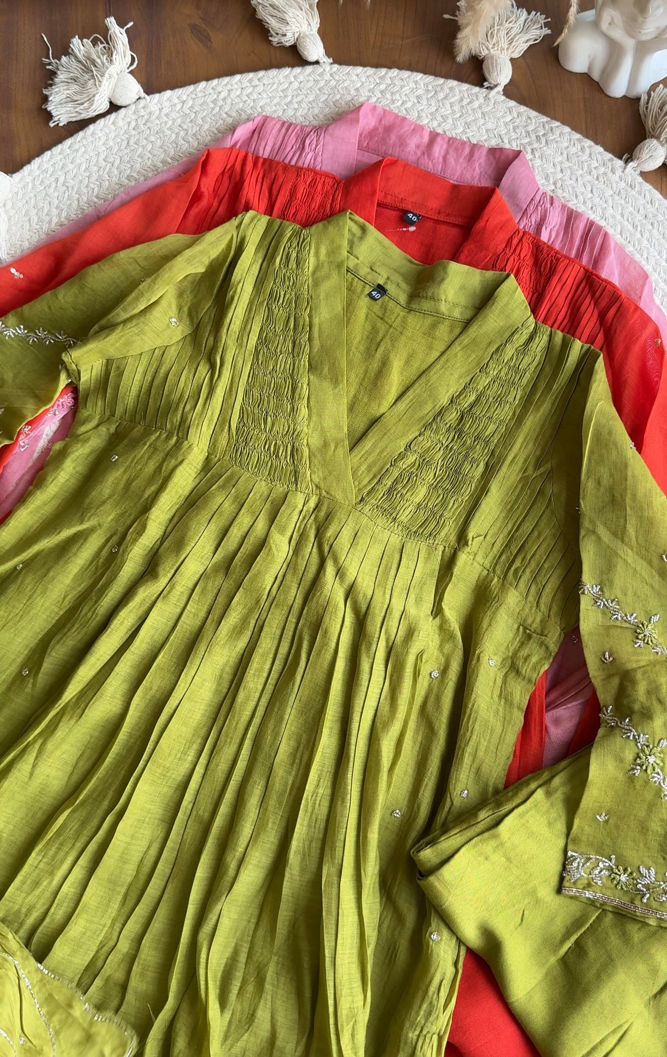 Tani Handwork Mul Chanderi Dress- Green