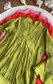 Tani Handwork Mul Chanderi Dress- Green