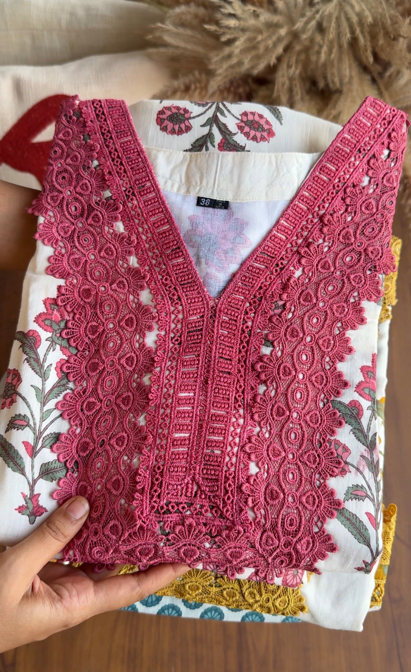 Sakshi Crochet Lace Neckline Block Print Dress- Pink