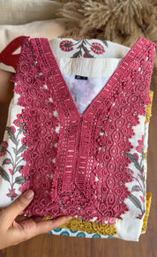 Sakshi Crochet Lace Neckline Block Print Dress- Pink