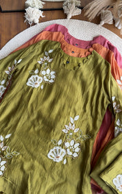 Preeti scalloped neck Patchwork And Handwork Coord Set- Olive Green