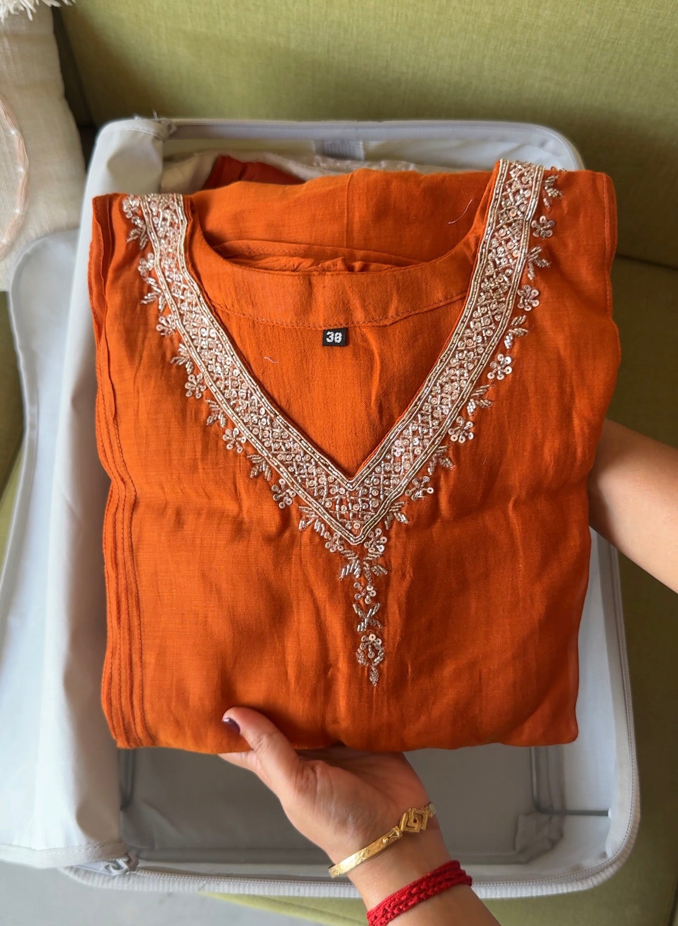 Tiya Mul Chanderi Handwork Dress- Rust