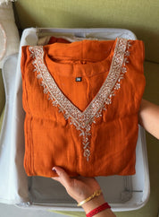 Tiya Mul Chanderi Handwork Dress- Rust