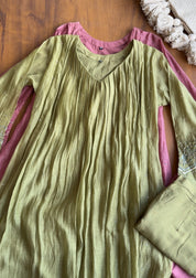 Sanjana Pleated Mul Chanderi Handwork Dress - Green