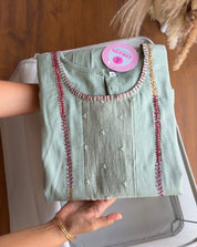 Disha Embroided Mul Chanderi Dress- Aqua Green