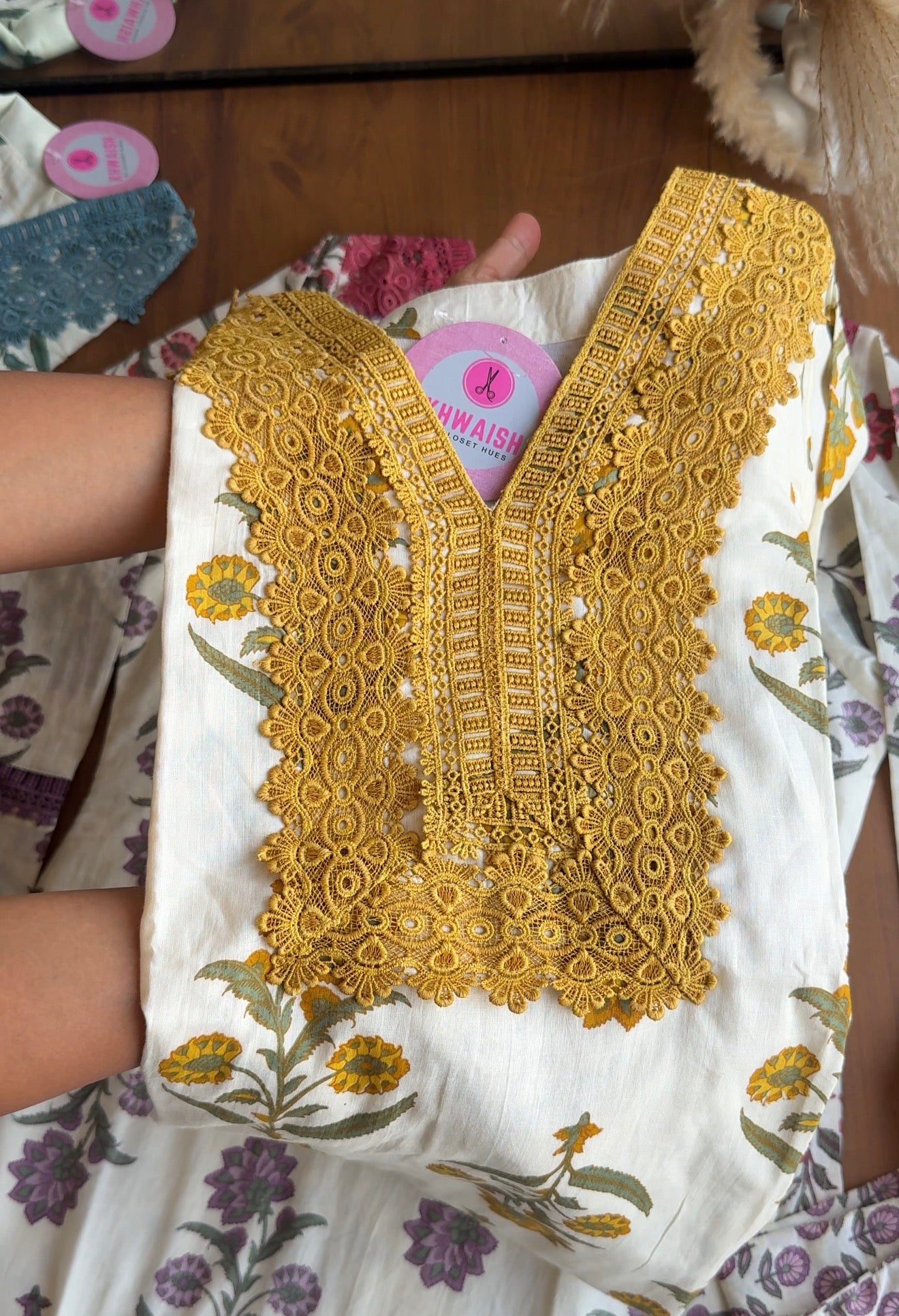 Sakshi Crochet Lace Neckline Block Print Dress- Yellow