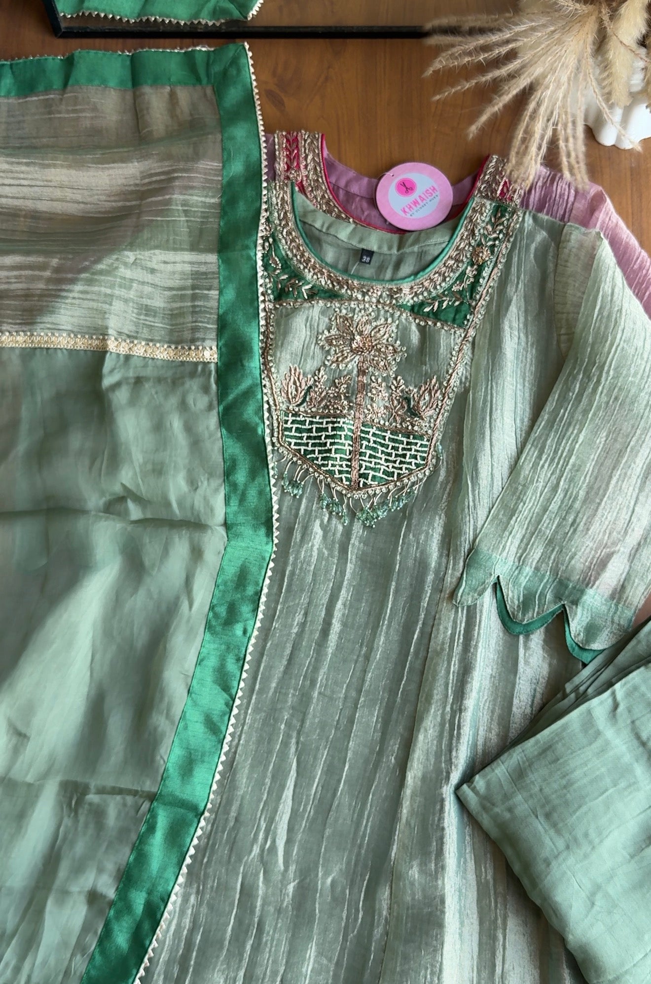 Jasmine Crush Tissue Anarkali Dress- Powder Green