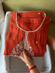 Vini Mul Chanderi Handwork Dress- Rust