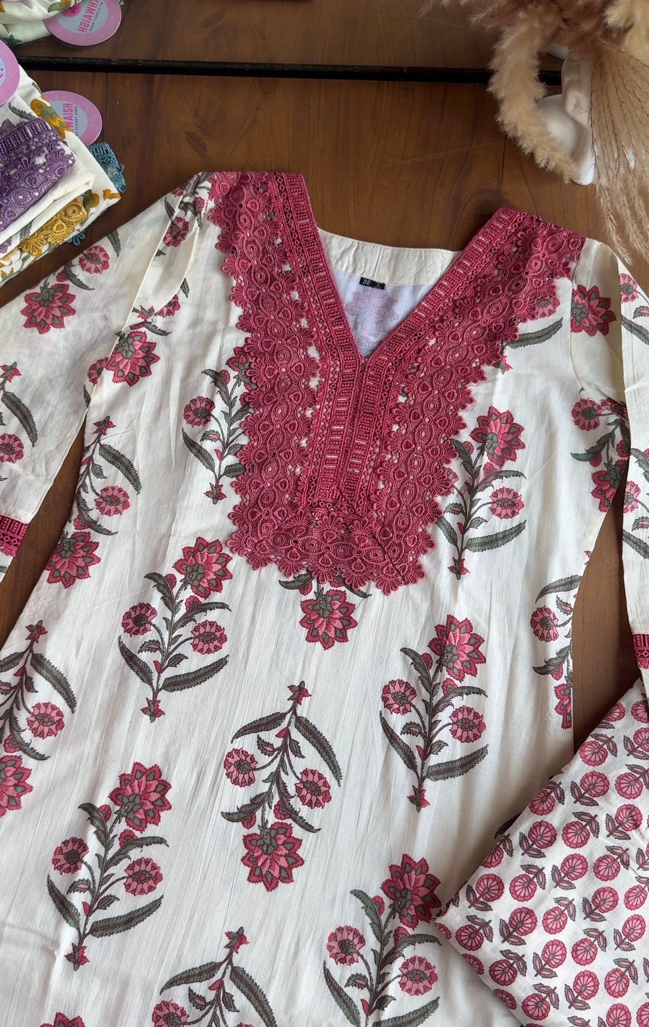 Sakshi Crochet Lace Neckline Block Print Dress- Pink