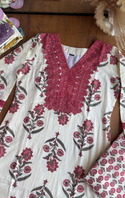 Sakshi Crochet Lace Neckline Block Print Dress- Pink