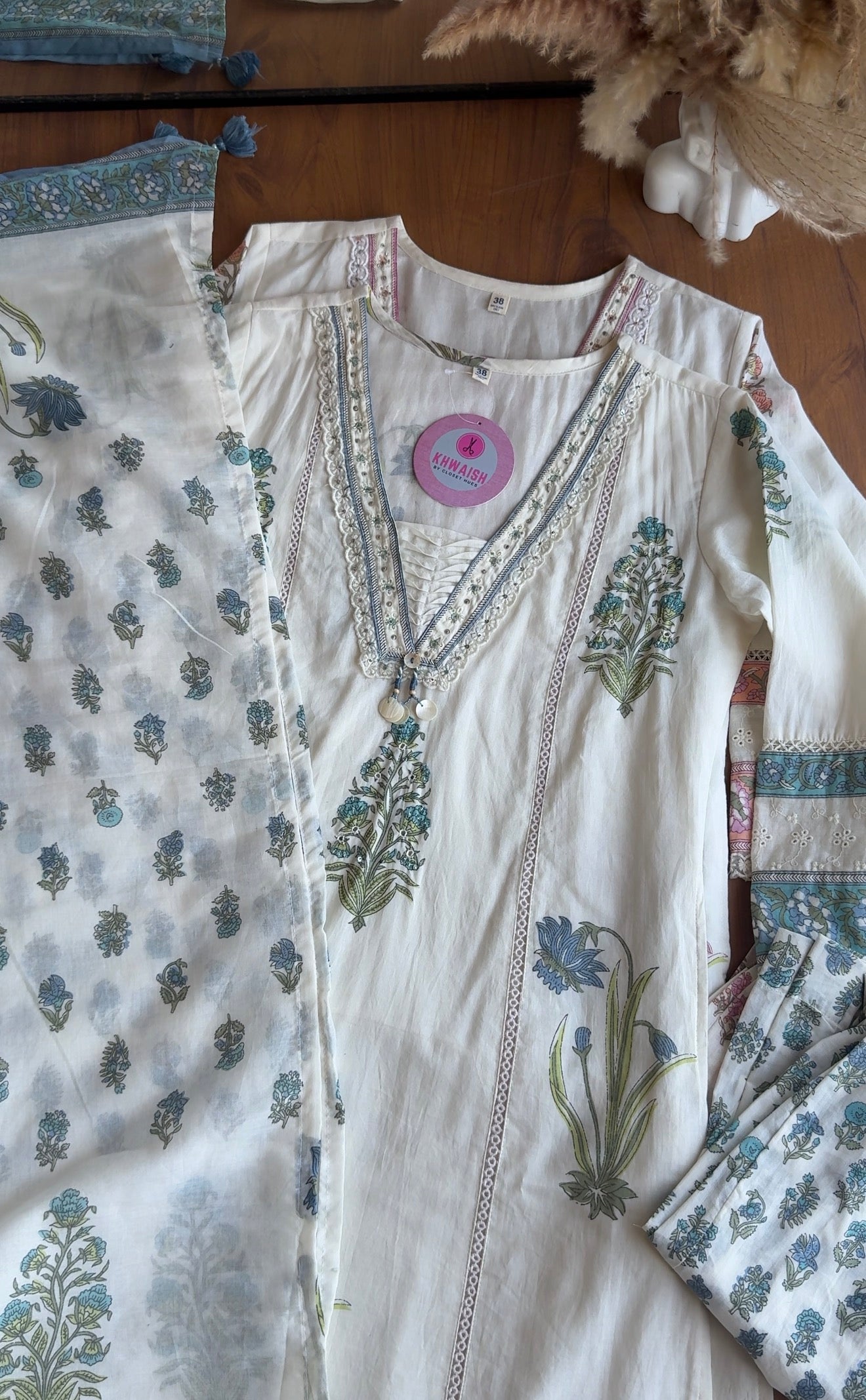 Mahi block print crochet lace dress- Blue
