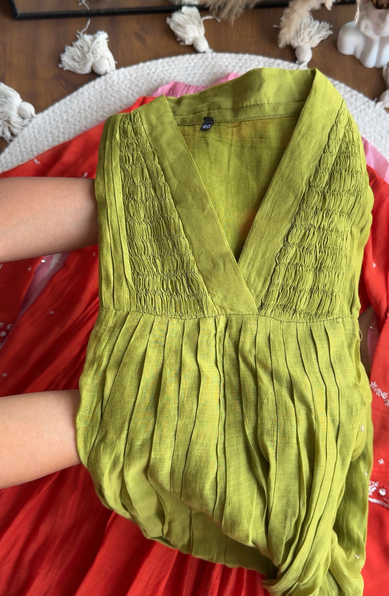 Tani Handwork Mul Chanderi Dress- Green