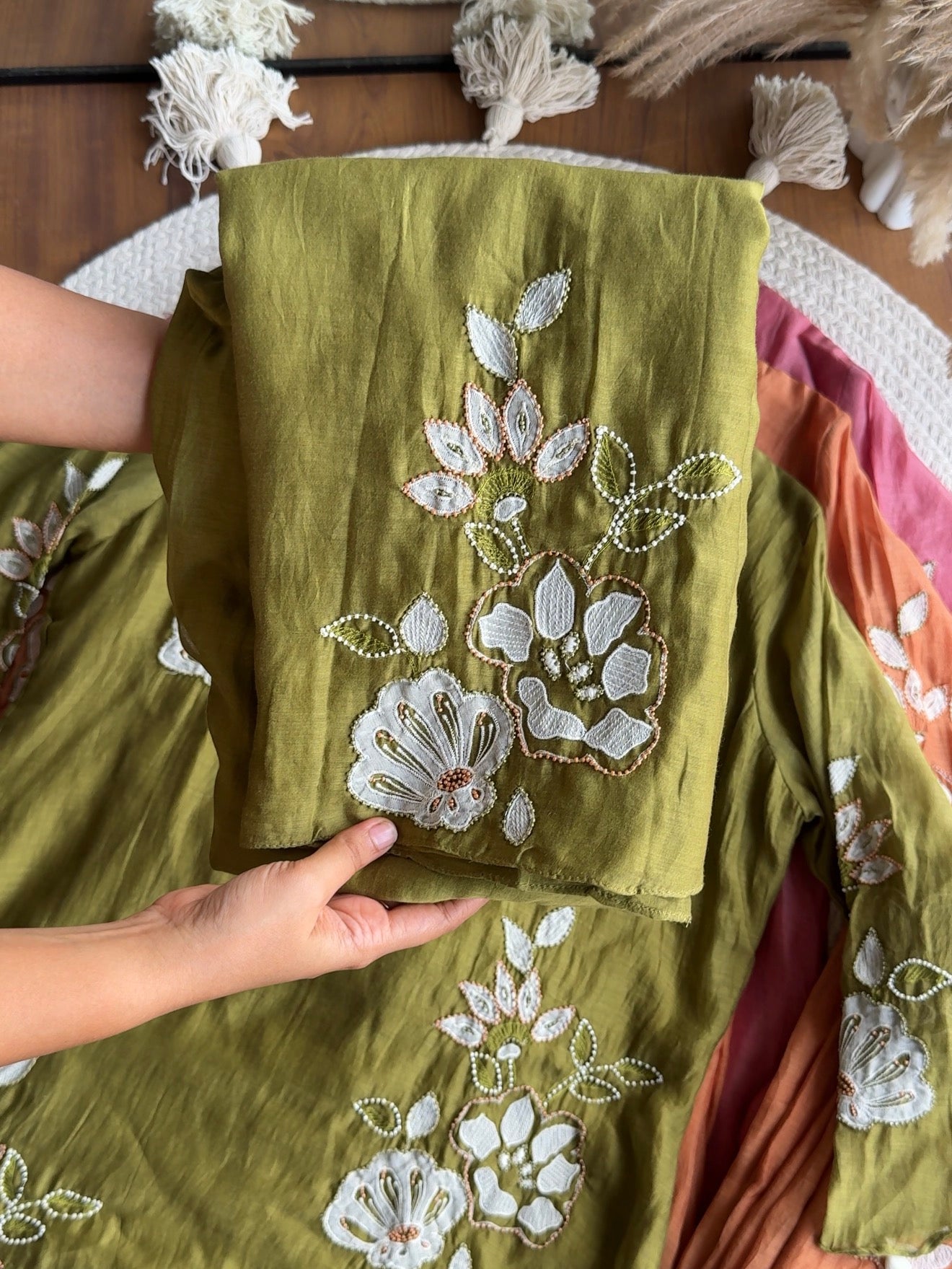 Preeti scalloped neck Patchwork And Handwork Coord Set- Olive Green