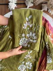 Preeti scalloped neck Patchwork And Handwork Coord Set- Olive Green