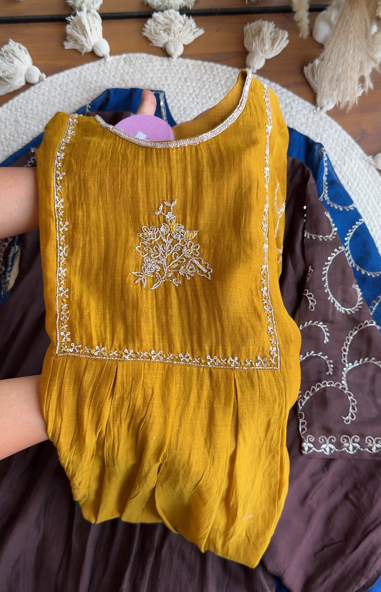 Sahira Handwork mul chanderi Aline dress- Musturd