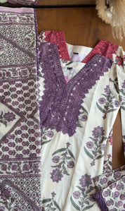 Sakshi Crochet Lace Neckline Block Print Dress- Purple