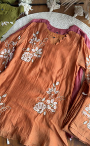 Preeti scalloped neck Patchwork And Handwork Coord Set- Orange