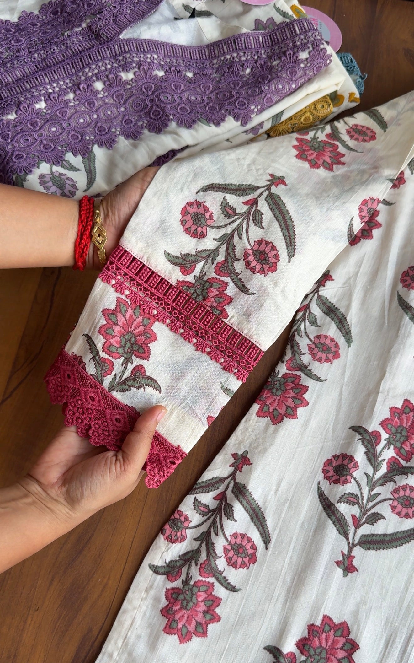 Sakshi Crochet Lace Neckline Block Print Dress- Pink