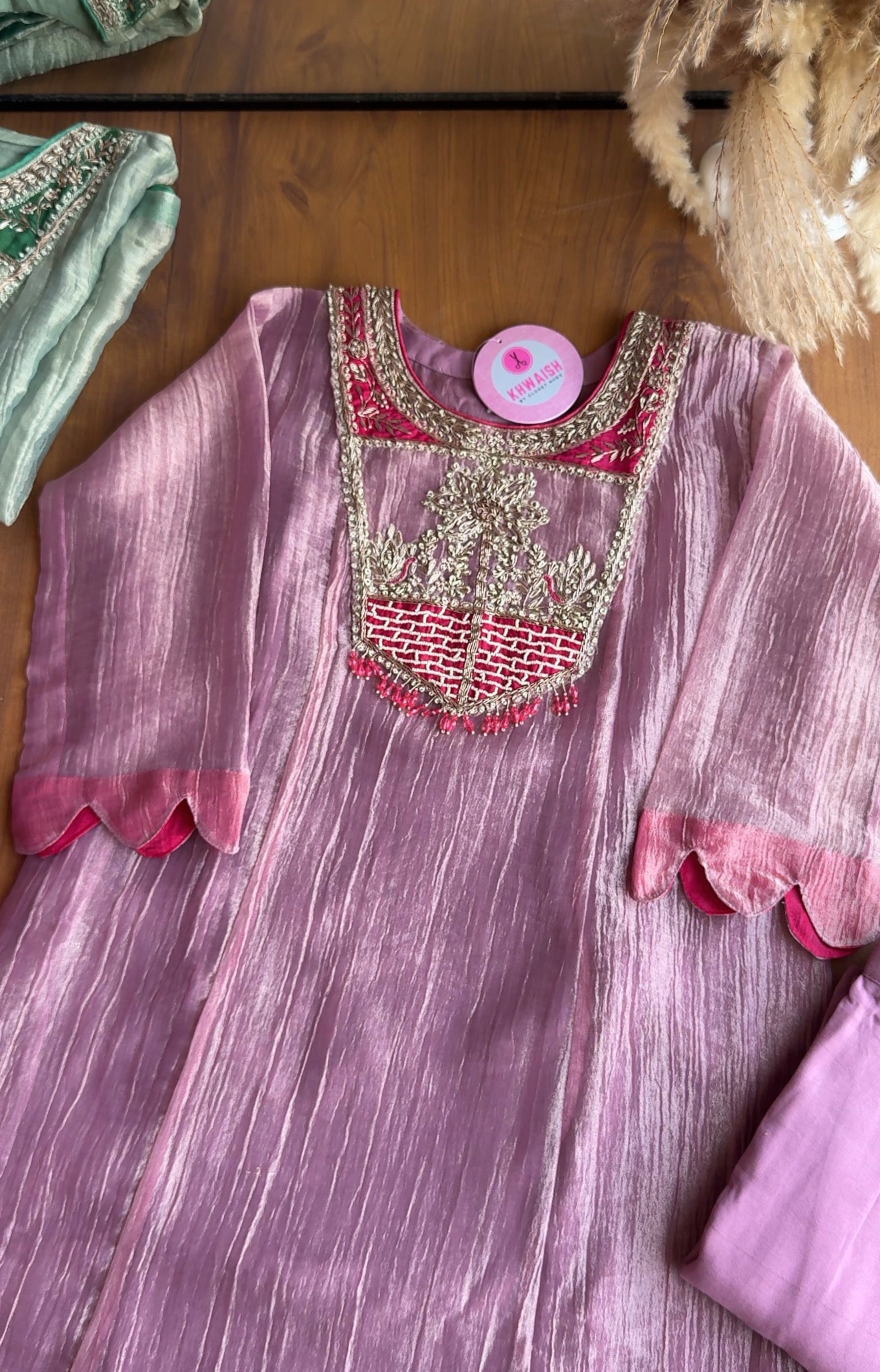 Jasmine Crush Tissue Anarkali Dress- Dusty Pink
