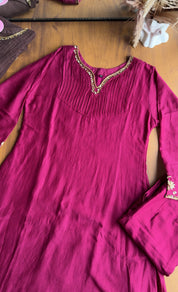 Dimple Pleated Yoke Aline Hand Work Dress- Wine💞