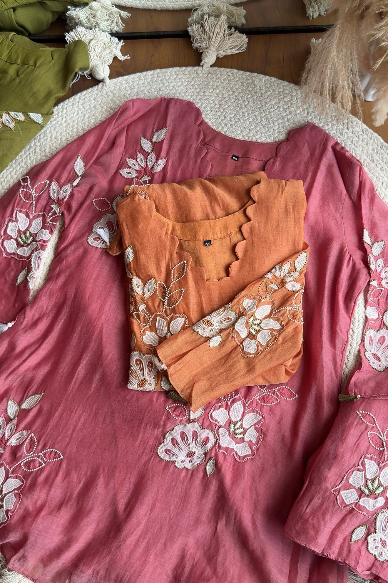 Preeti scalloped neck Patchwork And Handwork Coord Set- Orange