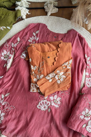 Preeti scalloped neck Patchwork And Handwork Coord Set- Orange