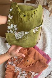 Preeti scalloped neck Patchwork And Handwork Coord Set- Olive Green