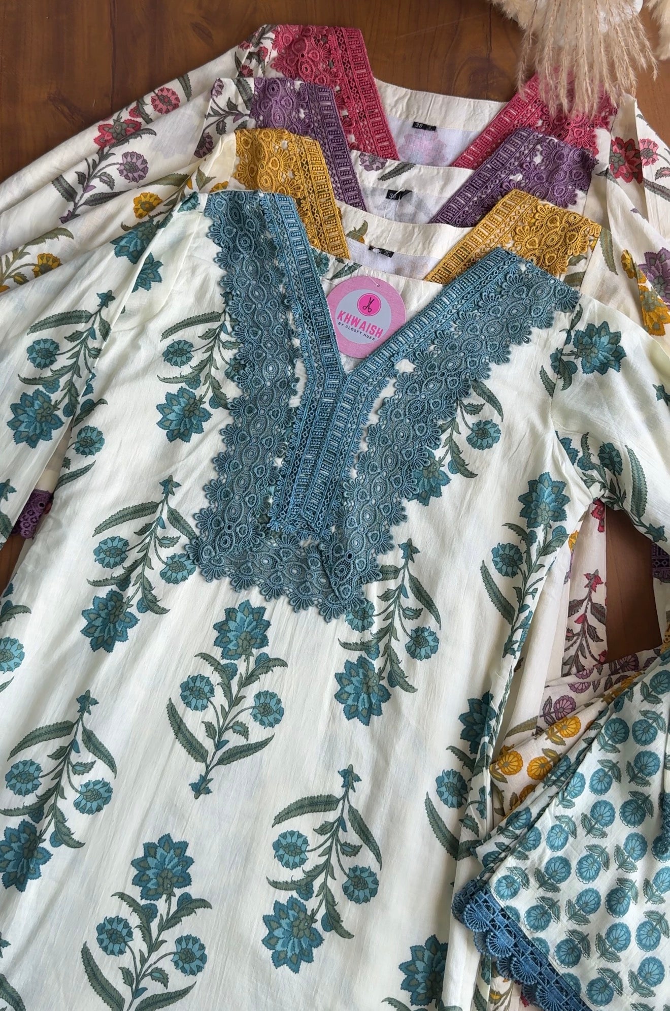 Sakshi Crochet Lace Neckline Block Print Dress- Blue