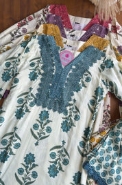 Sakshi Crochet Lace Neckline Block Print Dress- Blue