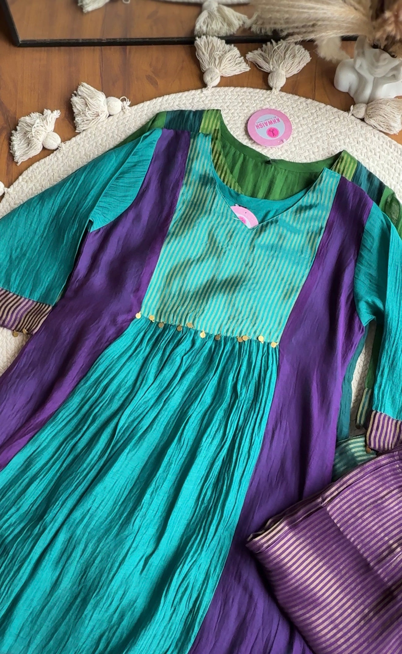 Rutvi Contrast Tissue And Mul Chanderi Dress - Purple