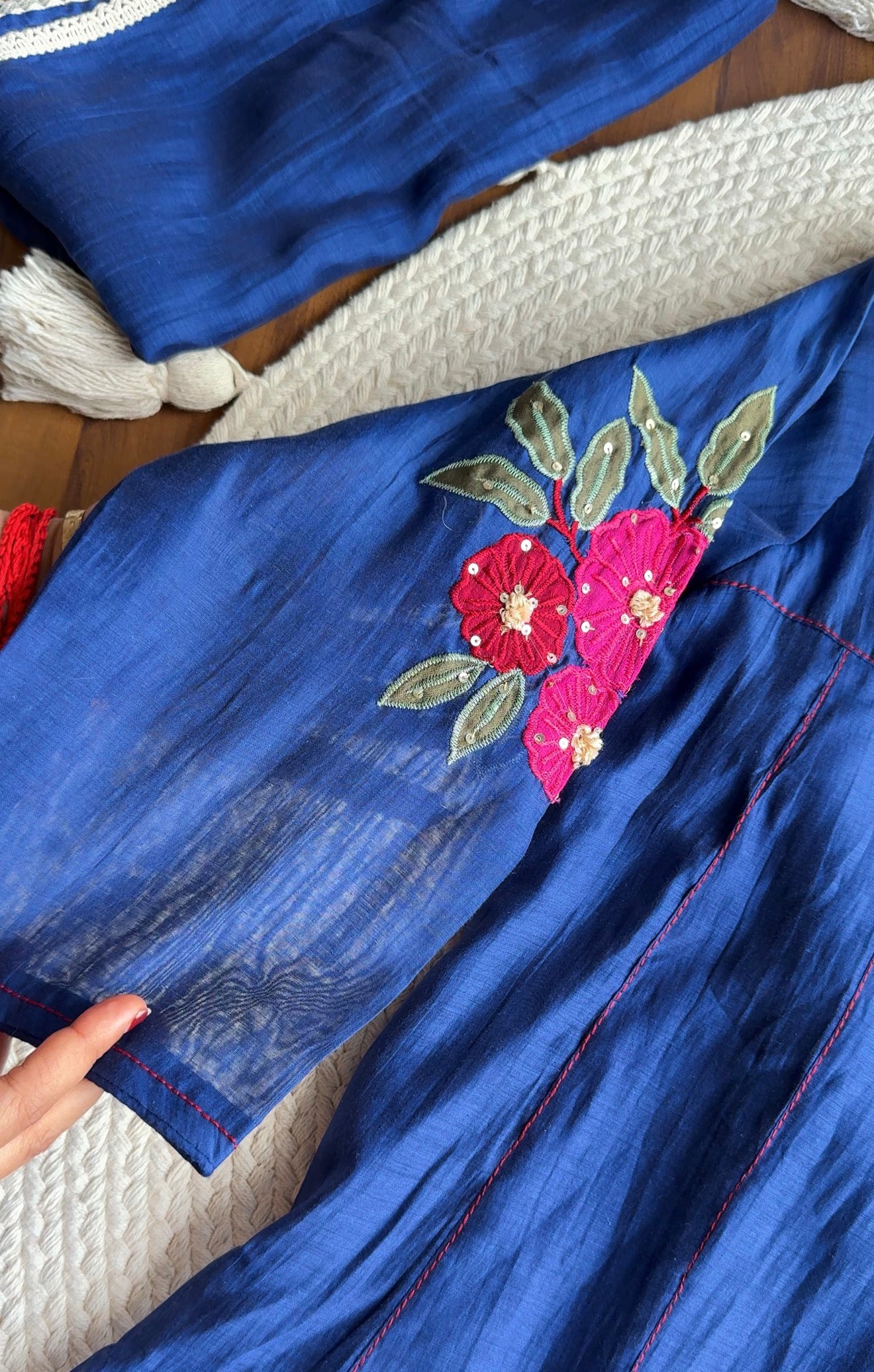 Kumkum Embroided Mul Chanderi Anarkali- Blue