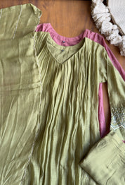 Sanjana Pleated Mul Chanderi Handwork Dress - Green