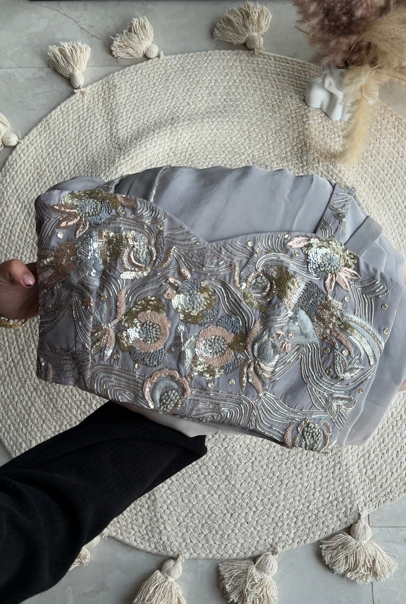 Shrishti hand work blouse with shaded cowl skirt and jacket