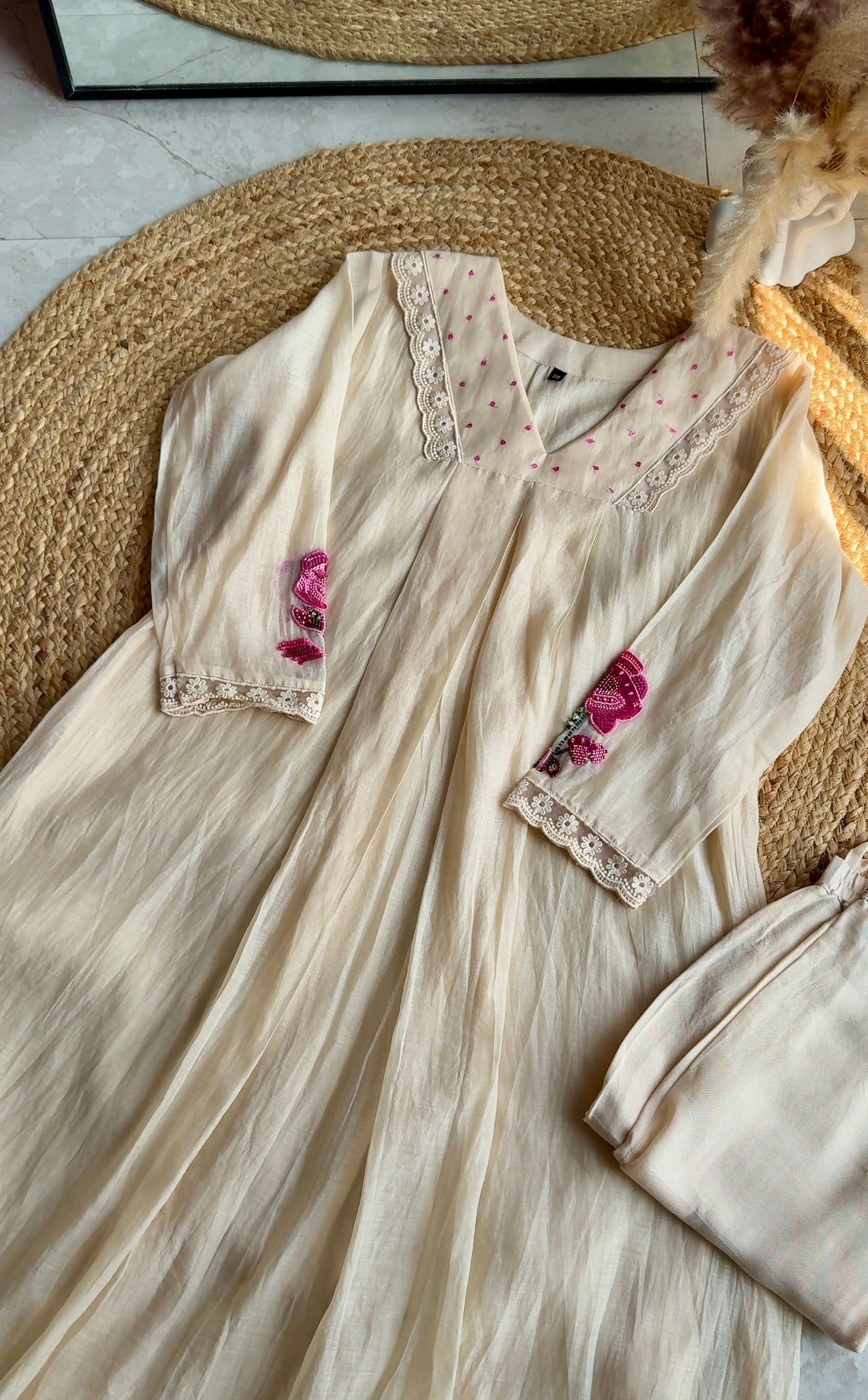 Vidhi Aline embroidered hand work sleeve mul Chanderi dress