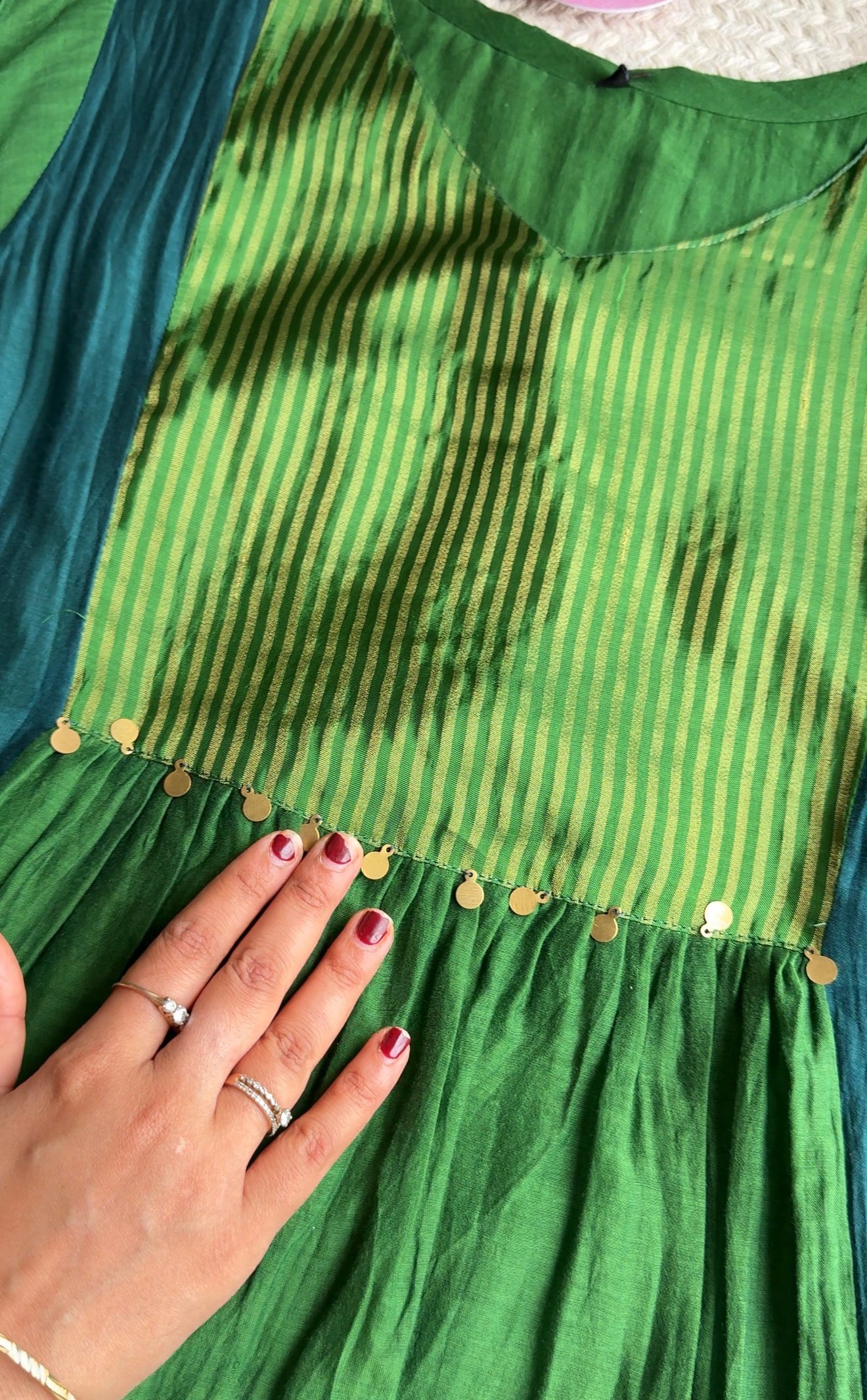 Rutvi Contrast Tissue And Mul Chanderi Dress - Green (Pre Order 15 days)