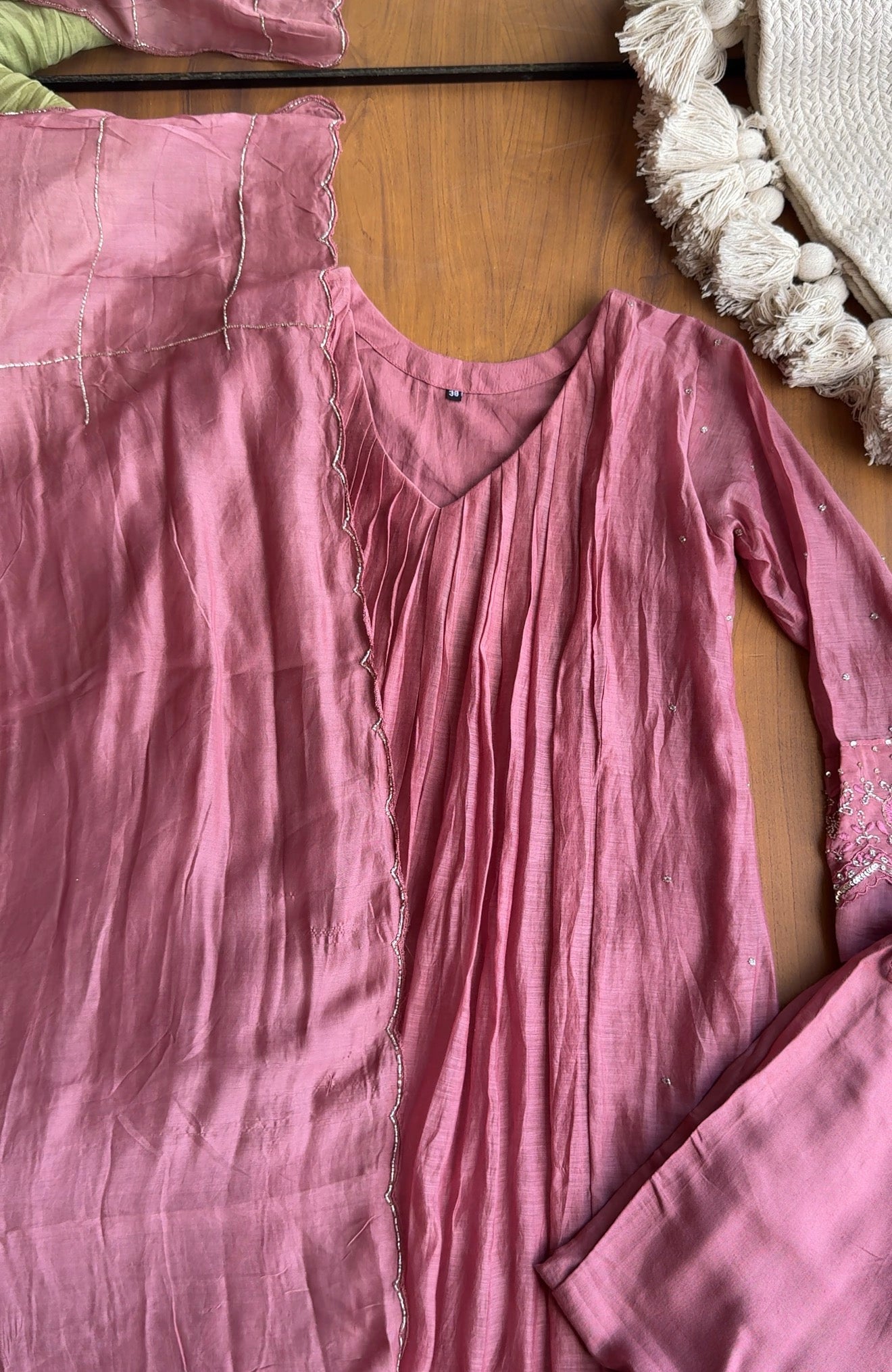Sanjana Pleated Mul Chanderi Handwork - Dusty Pink