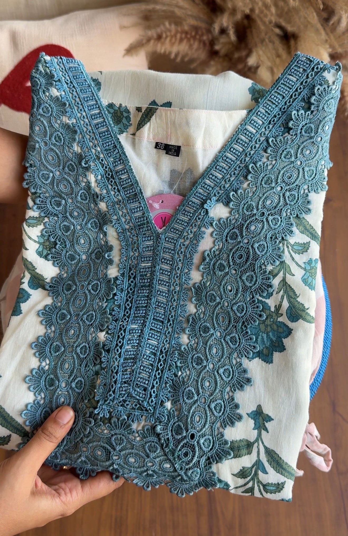 Sakshi Crochet Lace Neckline Block Print Dress- Blue