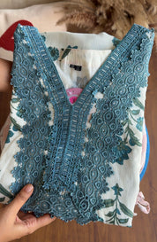 Sakshi Crochet Lace Neckline Block Print Dress- Blue