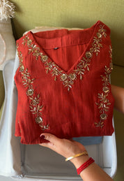 Siya Mul Chanderi Handwork Dress- Rust