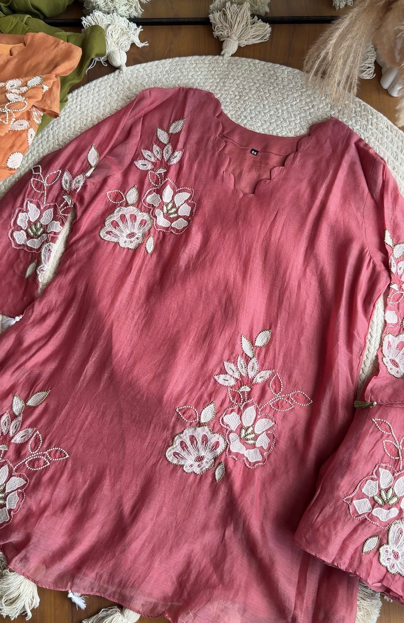 Preeti scalloped neck Patchwork And Handwork Coord Set- Pink