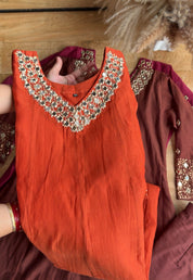 Tanisha V Neck Mirror Work  dress- Rust (Make to Order)