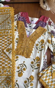 Sakshi Crochet Lace Neckline Block Print Dress- Yellow