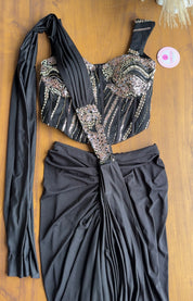 Tara Corset Style Pre draped Saree -  Black