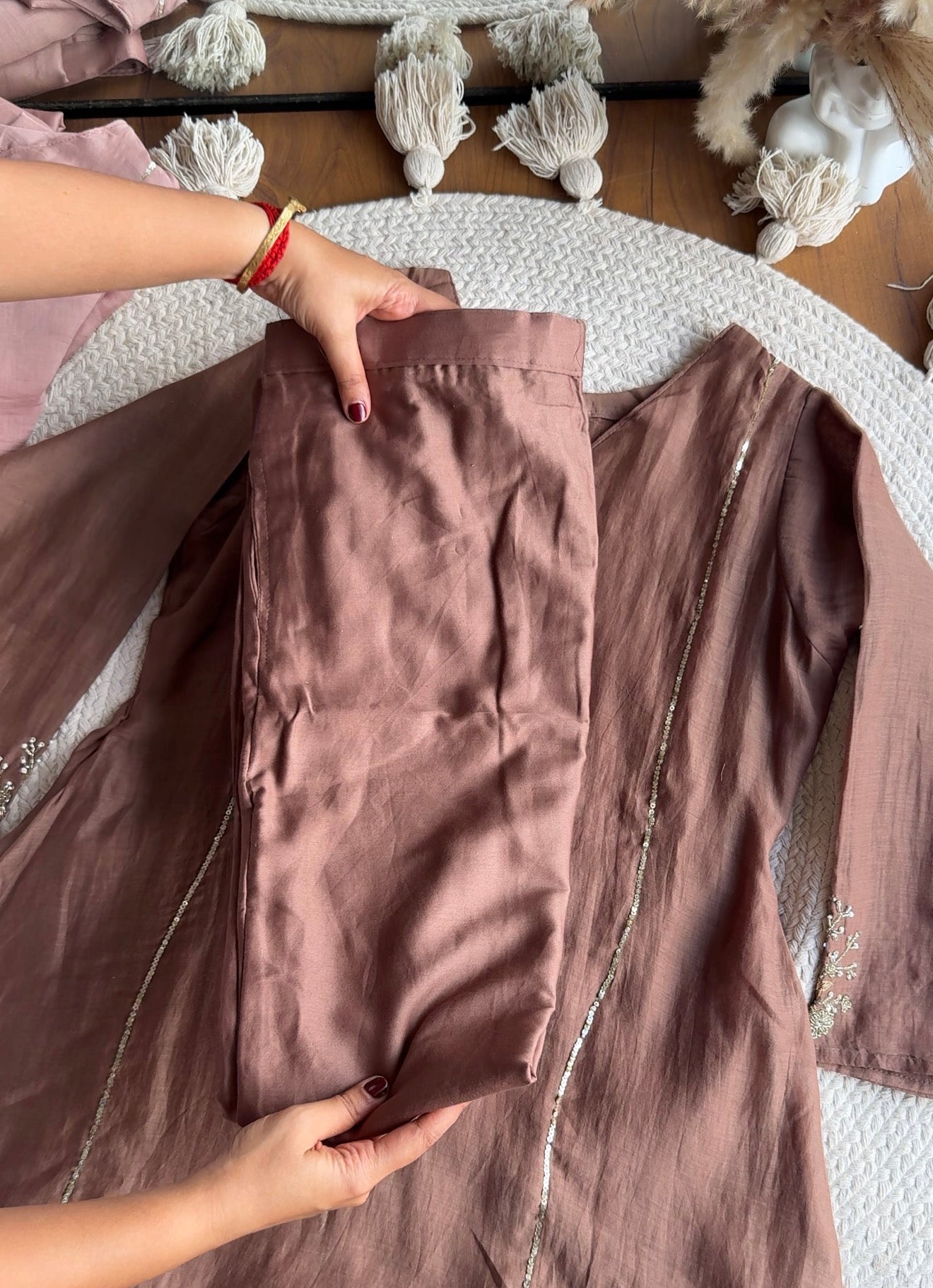 Kahani Sequin Work Mul Chanderi Dress-Brown