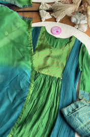 Rutvi Contrast Tissue And Mul Chanderi Dress - Green (Pre Order 15 days)