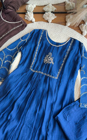 Sahira Handwork mul chanderi Aline dress- Blue