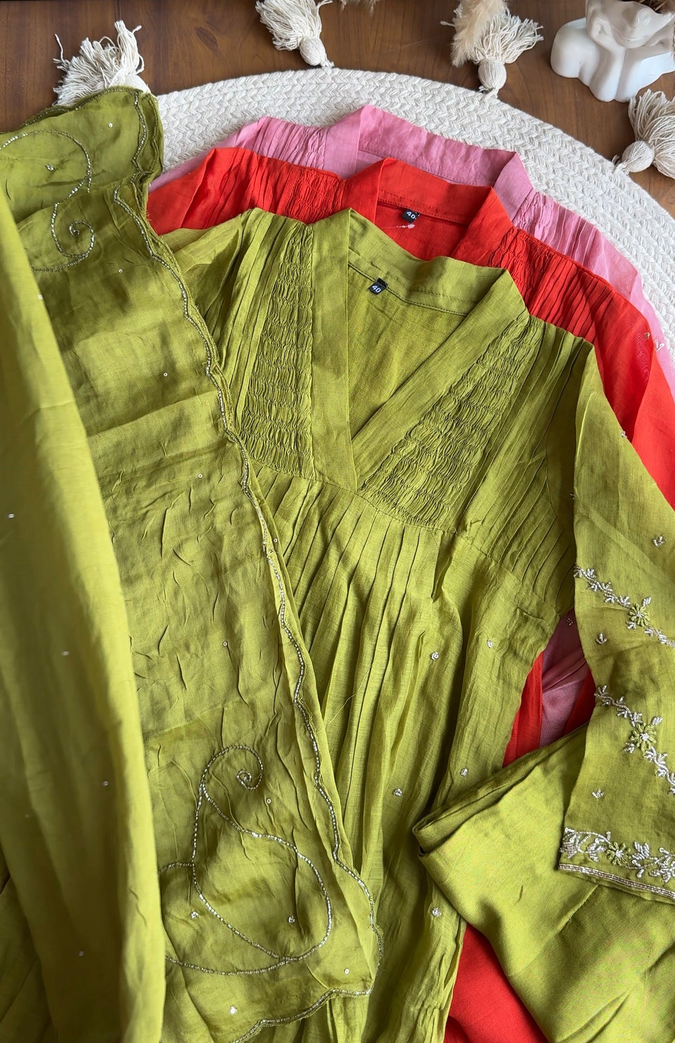 Tani Handwork Mul Chanderi Dress- Green