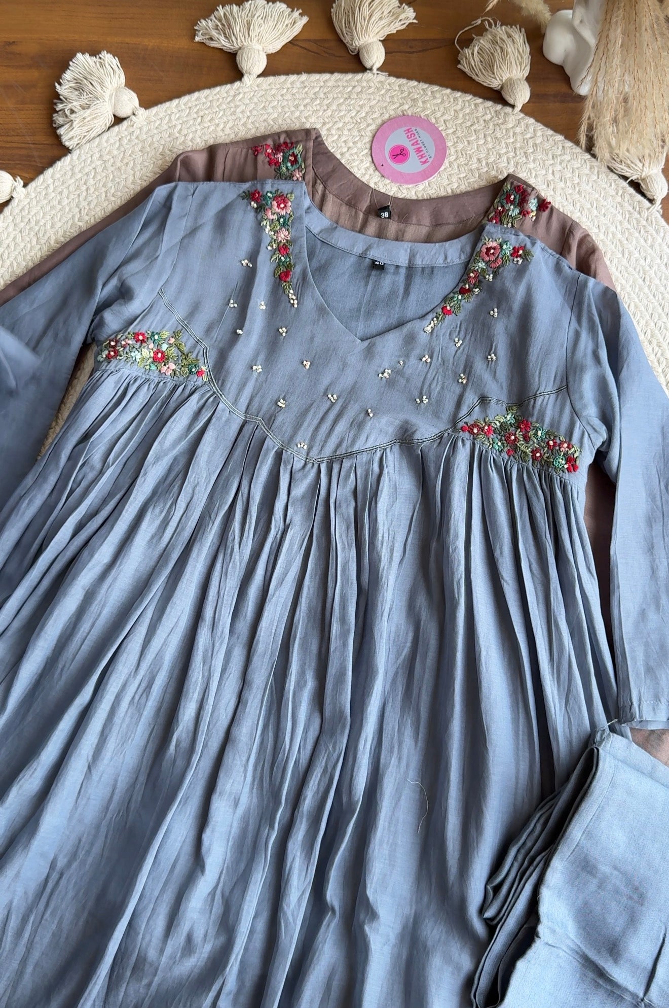 Sonam Floral Katha Work Mul Chanderi Dress- Dusty Blue