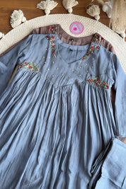 Sonam Floral Katha Work Mul Chanderi Dress- Dusty Blue