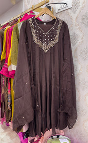 Sumaya Handwork Mul Chanderi Dress- Brown